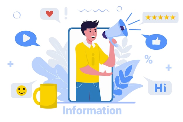 Smartphone con un hombre gritando en la ilustración de vector de concepto de publicidad de marketing de altavoz