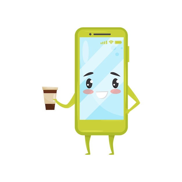 Vector smartphone humanizado verde con taza de café en la mano teléfono móvil con cara adorable personaje de dibujos animados plano