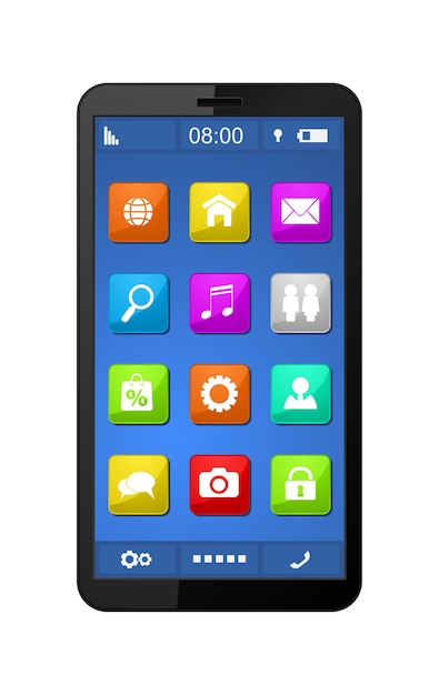 Smartphone con icono de aplicación aislado en blanco