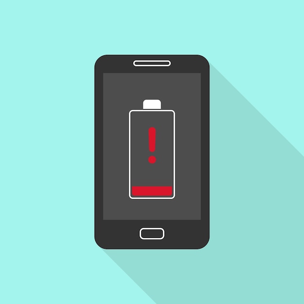 Smartphone con un icono de carga de batería baja en la pantalla Ilustración vectorial en estilo plano