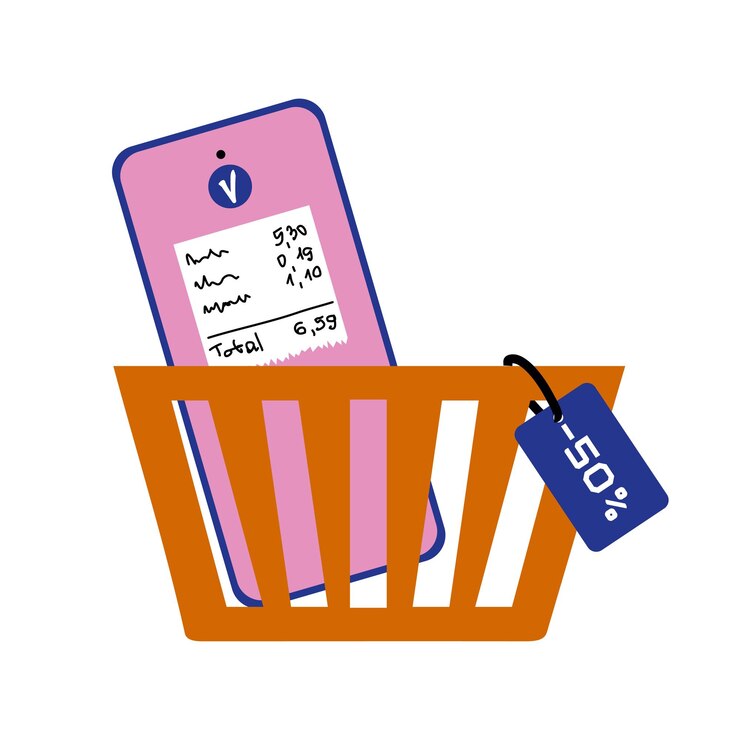 Vector smartphone con icono de comprobación en la pantalla coloca en el carrito de compras naranja con etiqueta de venta en él concepto de compras en línea vector ilustración plana aislada en fondo blanco sitio web compra y pago