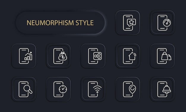 Smartphone con icono de línea de aplicaciones Billetera favoritos dispositivo gadget Wi-Fi lupa compras estilo Neomorfismo icono de línea vectorial para negocios y publicidad
