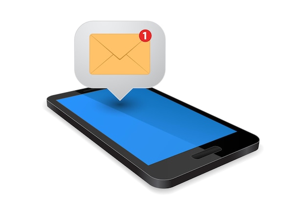 Smartphone con icono de sobre de mensaje sms
