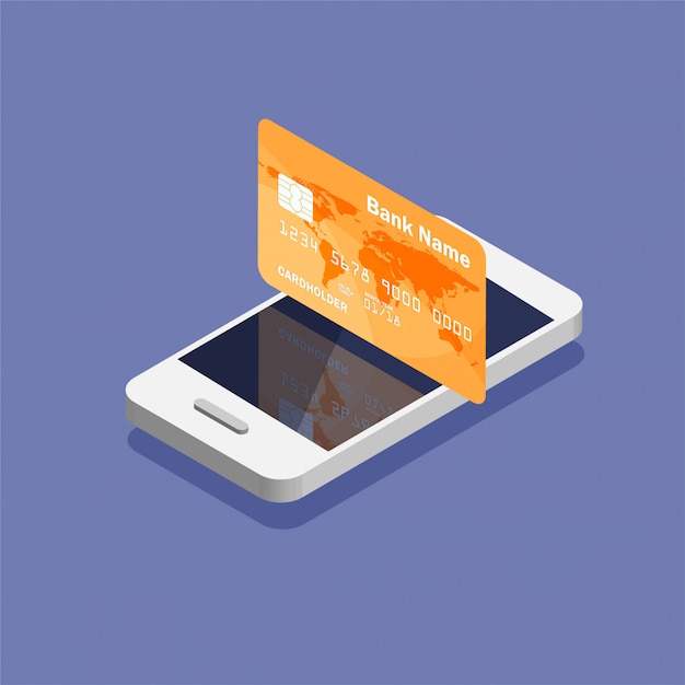 Smartphone con icono de tarjeta de crédito en moda estilo isométrico. Movimiento de dinero y pago en línea.