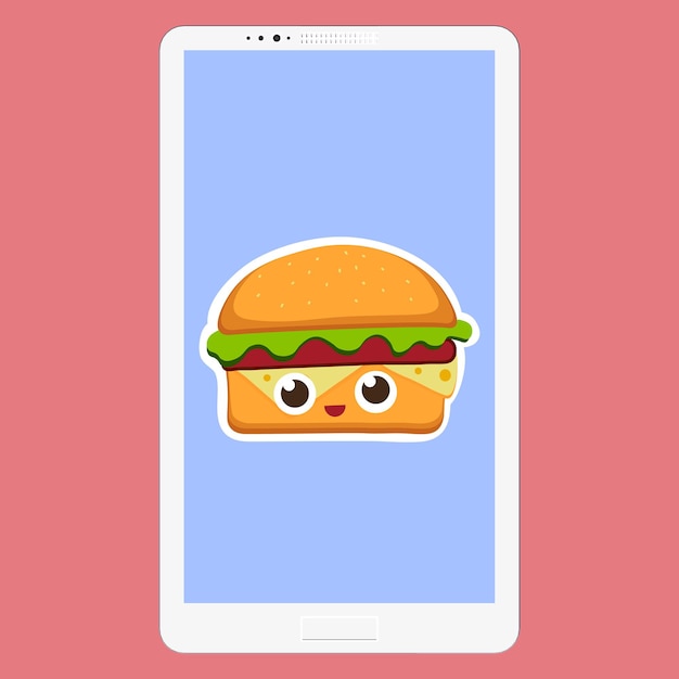 Vector smartphone con ilustración de vector de hamburguesa en estilo de dibujos animados plana. fondo de comida rápida en la pantalla. cara divertida de personajes de emoticonos de hamburguesa. ilustración vectorial eps 10 para su diseño.