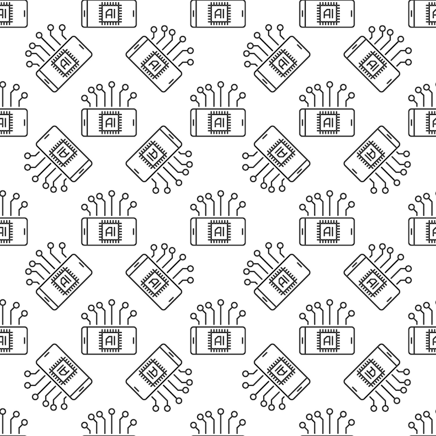 Smartphone con Inteligencia Artificial AI vector línea delgada patrón sin costura.