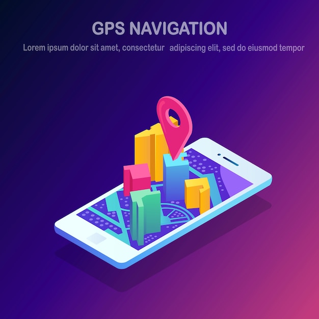 Smartphone isométrico con aplicación de navegación gps, seguimiento. teléfono móvil con aplicación de mapas