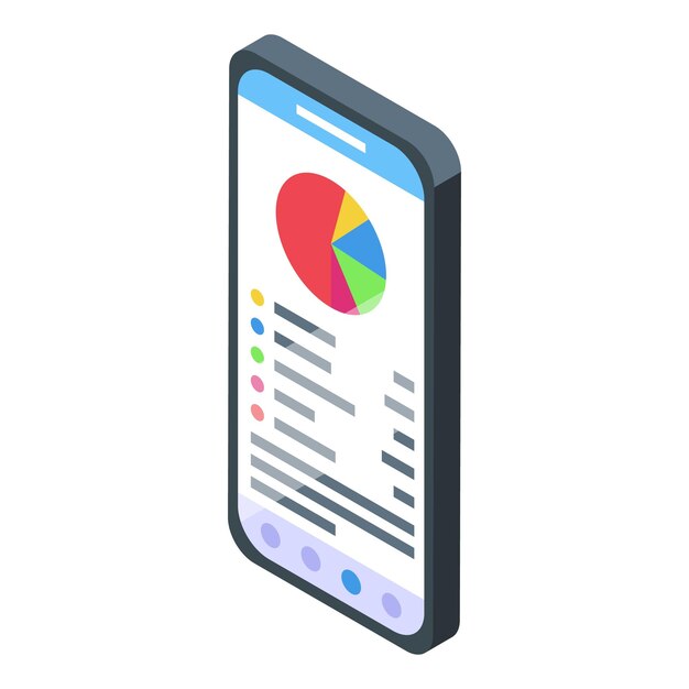 Smartphone isométrico con gráfico circular y análisis