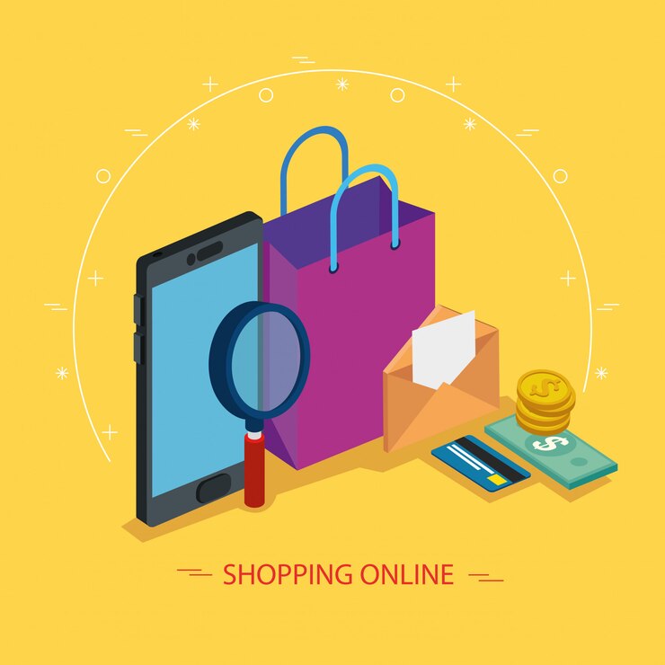Vector smartphone y lupa con elementos de compras en línea