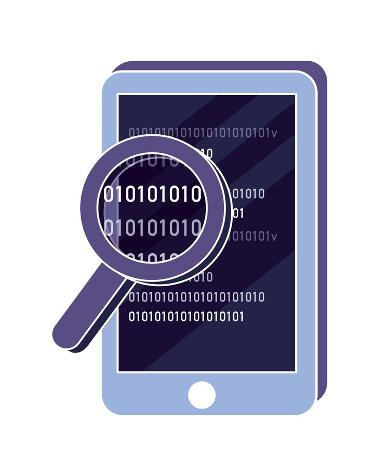 Vector smartphone y lupa con programa de código