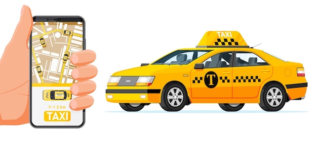 Smartphone en la mano con aplicación de taxi en la pantalla Taxi Car Isolado en fondo blanco Reserva de taxi en línea Concepto Taxi app o servicio Auto amarillo y teléfono inteligente Ilustración vectorial plana