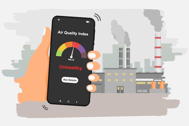 Smartphone en la mano para comprobar el índice de calidad del aire con la contaminación de la fábrica industrial en el fondo Ilustración vectorial