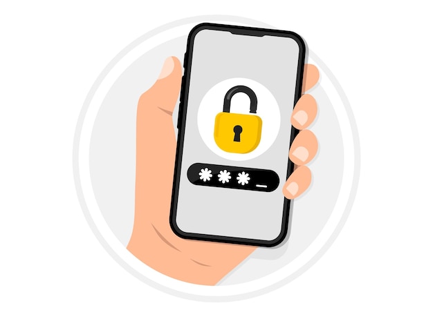 Vector smartphone en la mano con pantalla de bloqueo teléfono con entrada de código de verificación de seguridad protección de seguridad para la autorización mensaje de notificación de acceso seguro autenticación en dos pasos