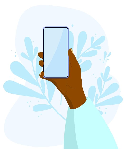 Vector smartphone en una mano de piel oscura mano con un teléfono en un fondo abstracto