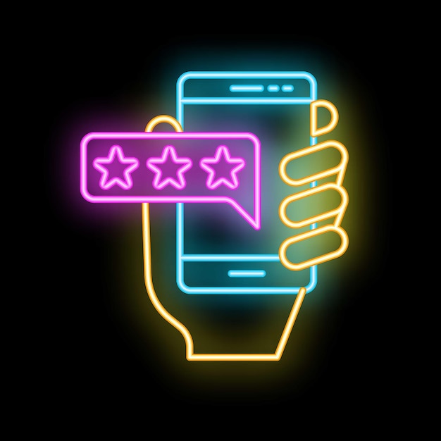 Smartphone en la mano con una reseña de cinco estrellas en el letrero de neón de la pantalla