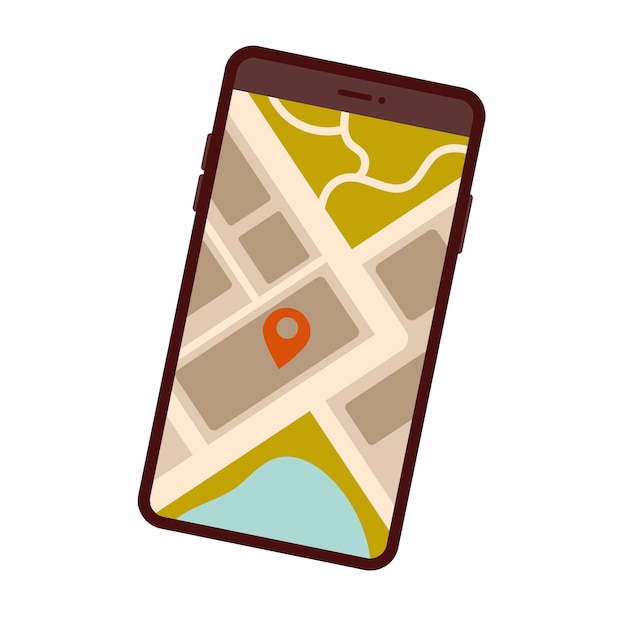 Smartphone con mapa y punto rojo en la pantalla aislado en blanco Ilustración vectorial plana
