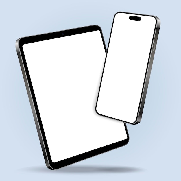 Smartphone con maqueta de tableta con pantallas en blanco mientras levita en el aire