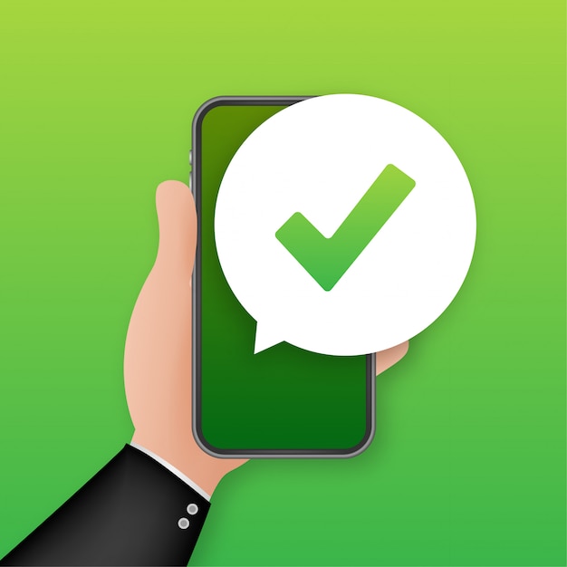 Smartphone con marca de verificación o notificación de marca en la burbuja. Elección aprobada. Aceptar o aprobar marca de verificación. ilustración.