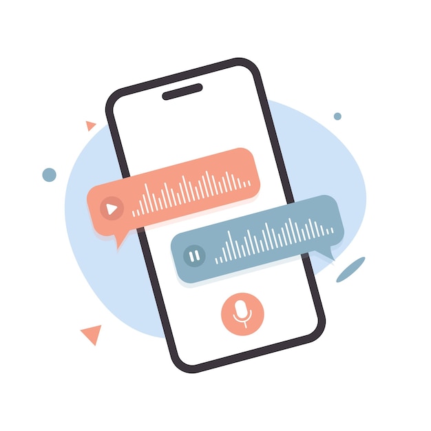 Smartphone con mensajes de voz y burbujas de chat de audio botón de micrófono en la pantalla chat en línea
