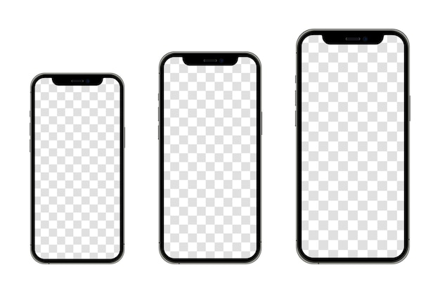 Smartphone de modelos realistas con pantallas transparentes. Colección de maquetas de teléfonos inteligentes. Vista frontal del dispositivo. Ilustración vectorial