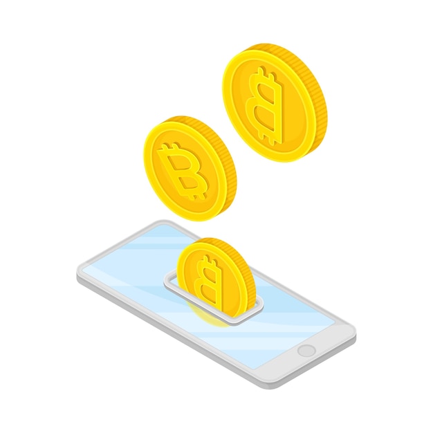 Smartphone con monedas de oro de Bitcoin que pasan por el vector de pago en línea Ilustración isométrica