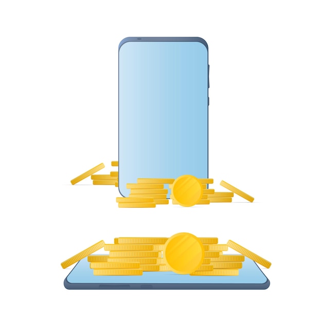 Smartphone con monedas de oro. Teléfono, una montaña de monedas. El concepto de reembolso y banca móvil.