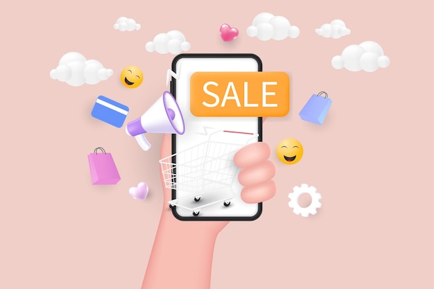 Smartphone móvil de mano Aplicación de compras con diseño de banner de descuento Concepto de compras en línea Ilustraciones vectoriales 3D