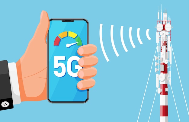 Vector smartphone móvil y torre de comunicación 5g