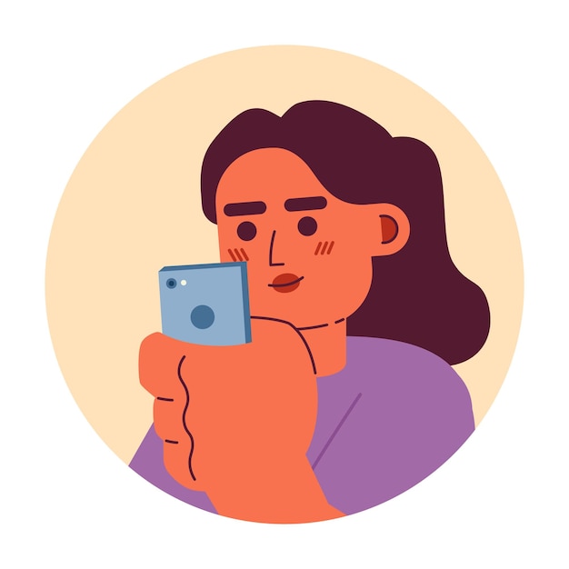 Smartphone mujer india casual 2D vector avatar ilustración teléfono desplazamiento sur asiático joven adulto mujer personaje de dibujos animados cara usuario móvil color plano imagen de perfil de usuario aislado en blanco