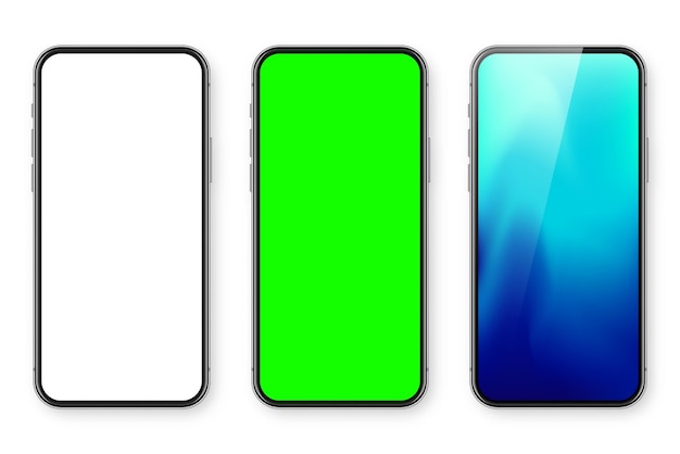 Smartphone con pantalla táctil en blanco y fondo de pantalla colorido abstracto fondo de croma verde