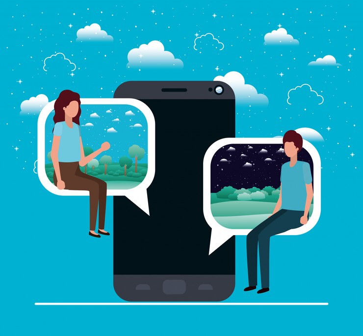 Vector smartphone con pareja sentada en bocadillo
