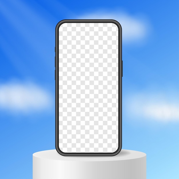 Smartphone de pie en un podio blanco Maqueta de pantalla transparente Nubes azul cielo luz Pantalla de teléfono
