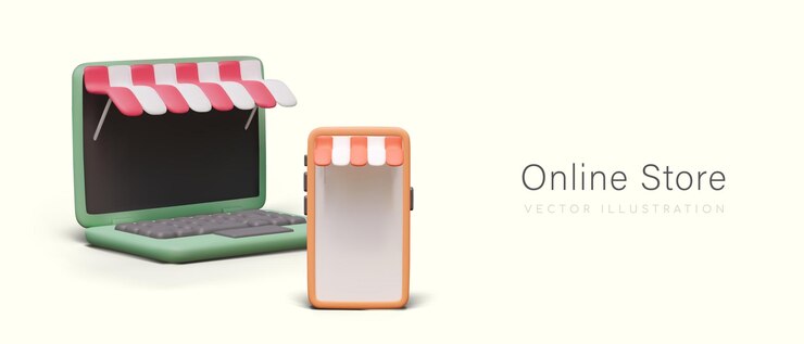 Vector smartphone y portátil abierto de dibujos animados vista frontal en diferentes dispositivos modernos para compras en línea
