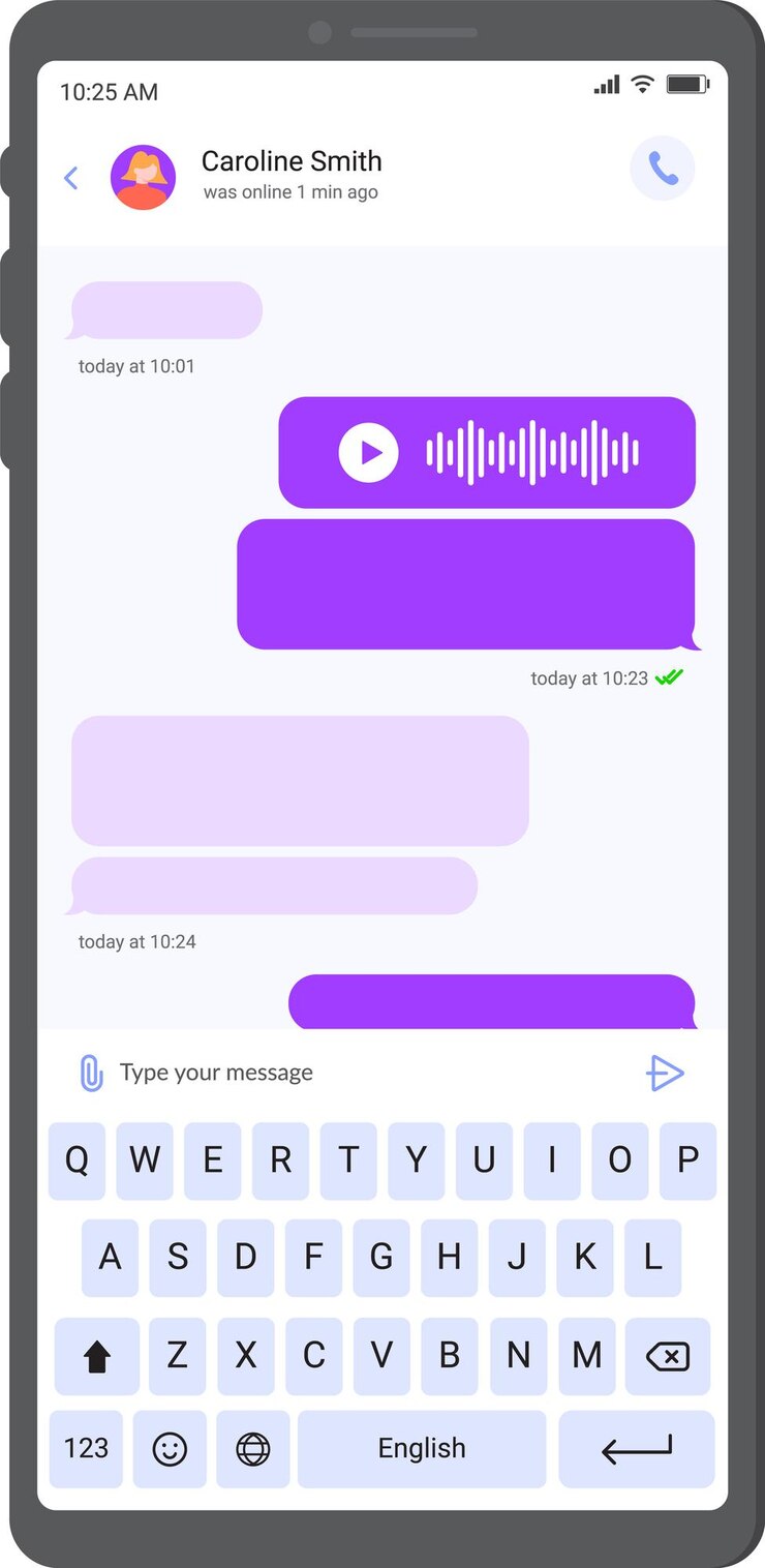 Vector smartphone que muestra una conversación de chat con burbujas de texto de mensaje de audio y un teclado virtual para escribir que ilustra la comunicación móvil moderna