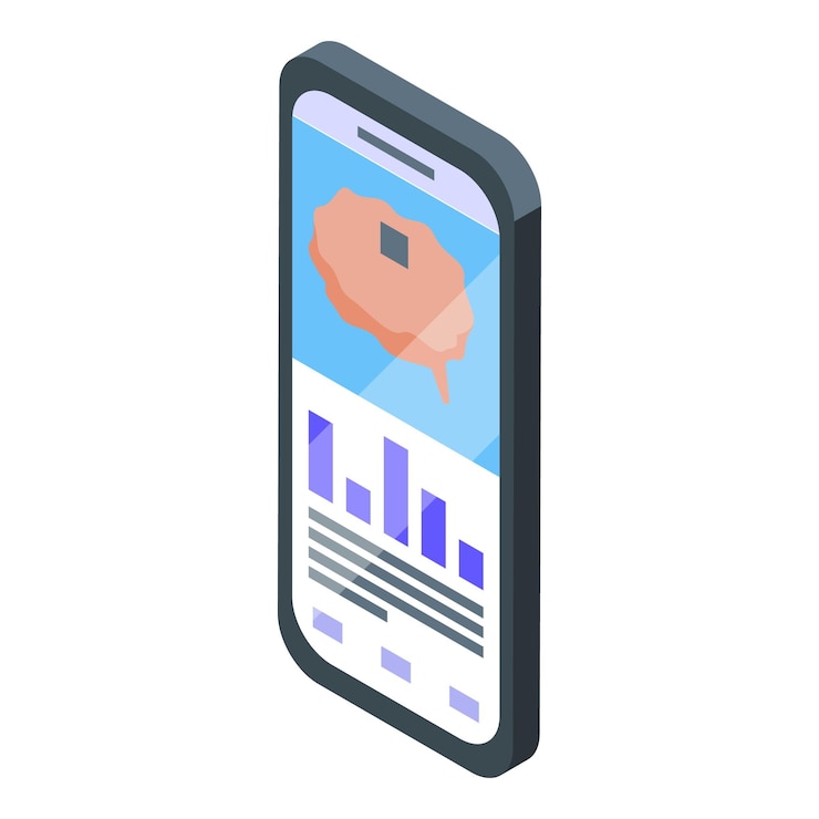 Vector smartphone que muestra el icono del cerebro y gráficos de datos que representan la inteligencia artificial