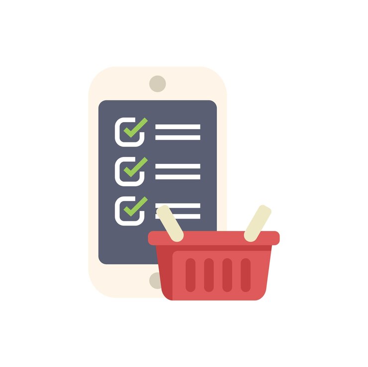 Vector smartphone que muestra la lista de comprobación completada para las compras en línea con la canasta de compras a su lado