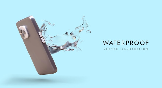 Vector smartphone realista en 3d y salpicaduras de líquido concepto de protección impermeable para aparatos modernos