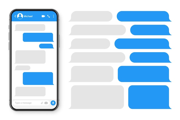 Smartphone realista con aplicación de mensajería en blanco marco de texto de SMS conversación pantalla de chat con azul