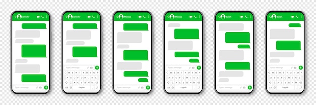 Vector smartphone realista con aplicación de mensajería en blanco marco de texto de sms conversación pantalla de chat con verde