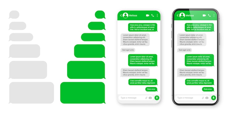 Vector smartphone realista con aplicación de mensajería en blanco marco de texto de sms conversación pantalla de chat con verde