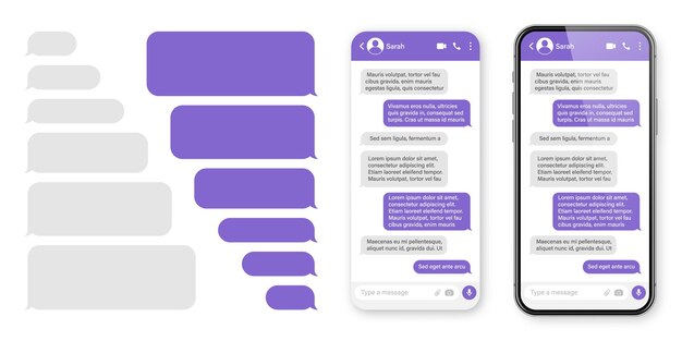 Smartphone realista con aplicación de mensajería en blanco marco de texto de sms pantalla de conversación de chat con violeta