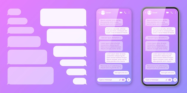 Smartphone realista con aplicación de mensajería en colorido fondo violeta en blanco SMS texto marco de chat