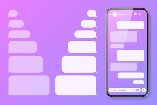 Smartphone realista con aplicación de mensajería en colorido fondo violeta en blanco SMS texto marco de chat