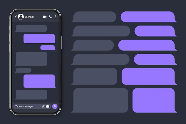 Vector smartphone realista con aplicación de mensajería sms en blanco marco de texto conversación pantalla de chat con violeta