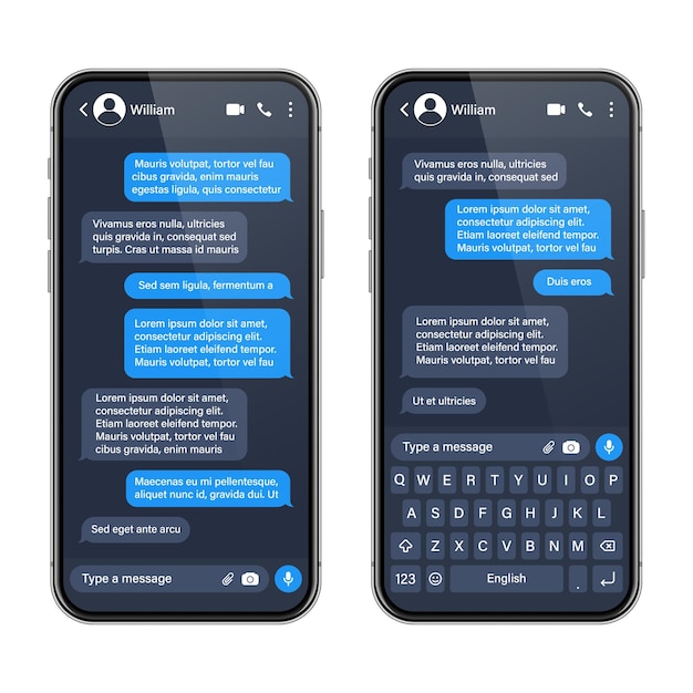 Smartphone realista con aplicación de mensajería SMS marco de texto conversación pantalla de chat con mensaje azul