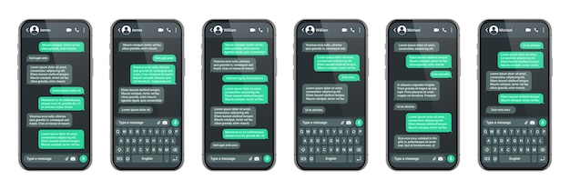 Smartphone realista con aplicación de mensajería sms marco de texto conversación pantalla de chat con mensaje verde