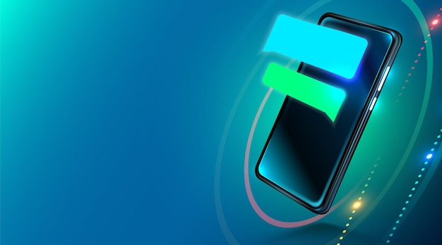 Smartphone realista moderno con burbujas de chat vacías en la pantalla. mensaje o sms en el teléfono móvil