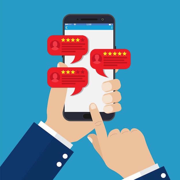 Smartphone revisa estrellas con buena y mala tasa y concepto de texto de testimonios mensajes notificaciones comentarios Ilustración vectorial en estilo plano