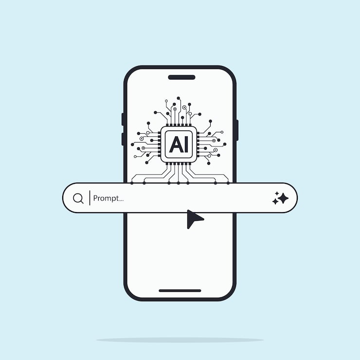 Vector smartphone screen with chip processor and ai generative bar ai assistant concept of artificial intelligence input prompt as commands for analyzing data and generating idea vector illustration
