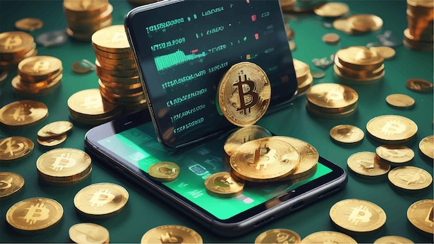 Smartphone con símbolo de Bitcoin en la pantalla entre pilas de Bitcoins dorados Blockchain transfere concep